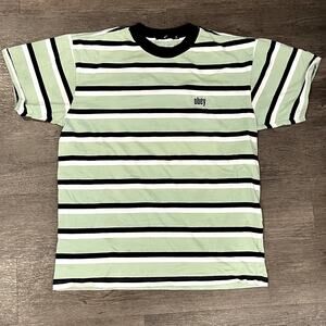 Obey Striped T Shirt Green Black Embroidered Logo Tee